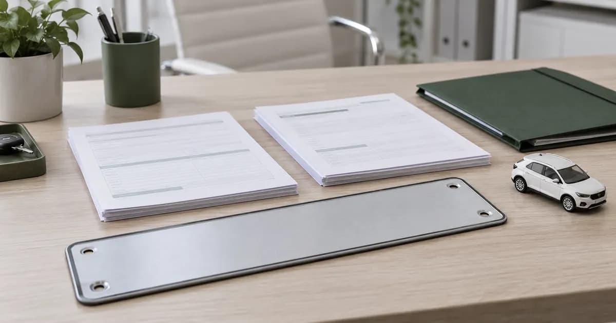 Placa genérica y dos expedientes separados sobre una mesa de oficina