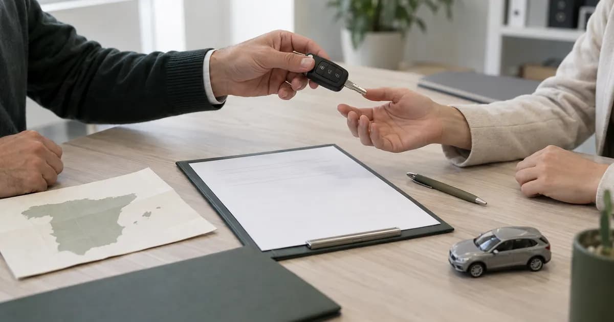 Two people exchanging a car key beside a blank contract on an office desk